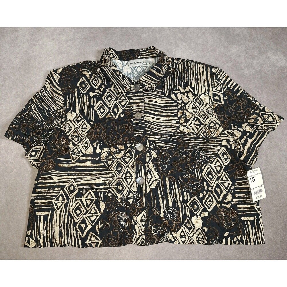 Liz Baker Size 18 Brown Geometric Print Short Button Up Blouse Shoulder Pads